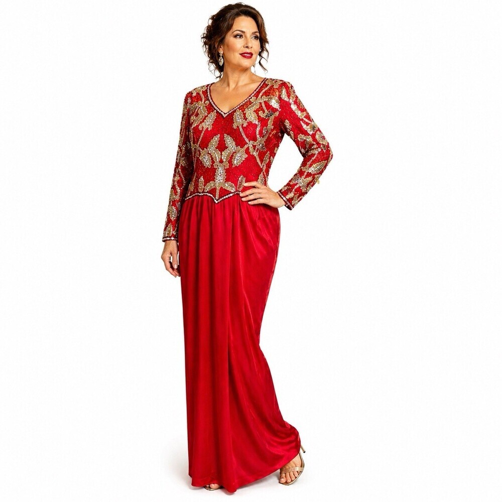 Vintage 80s Black Tie He-Ro Red Beaded Sequin Evening Gown Dress Plus Size 18